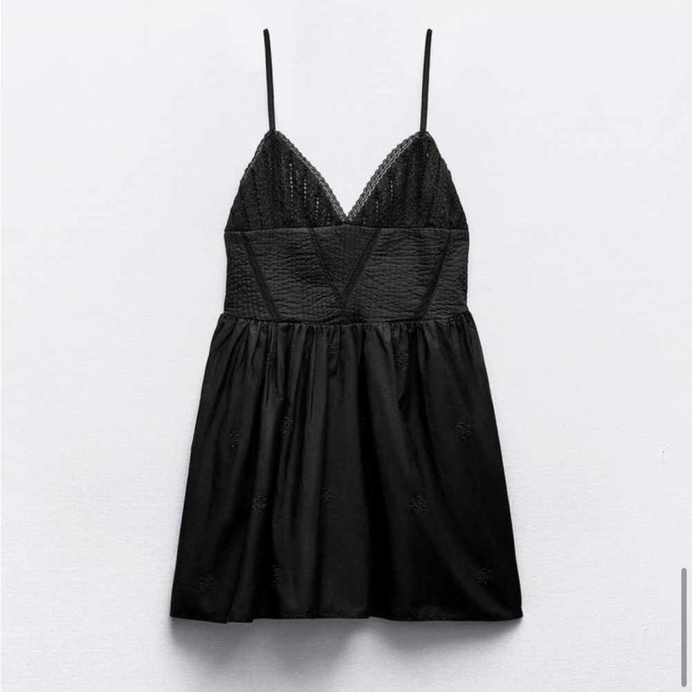 Zara black short embroidered mini dress XS 7521/303 summer sleeveless LBD